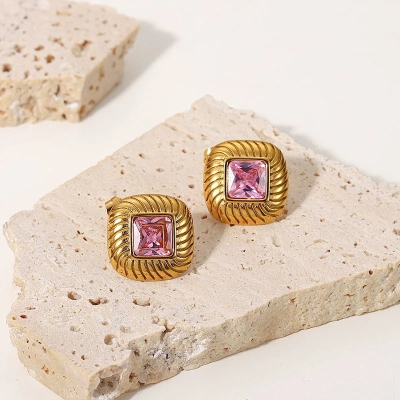 Colorful Square Zircon Stone Gold Plated Stud Earrings