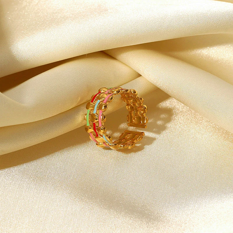 Stainless Steel Colorful Enamel Ring Waterproof Wide Band Ring