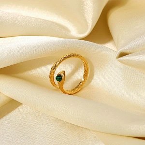 Stainless Steel Snake Ring With Green Stone