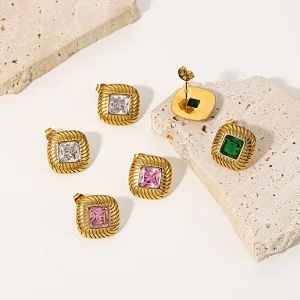 Colorful Square Zircon Stone Gold Plated Stud Earrings