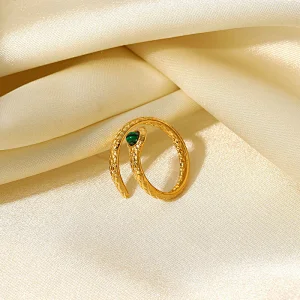 Stainless Steel Snake Ring With Green Stone