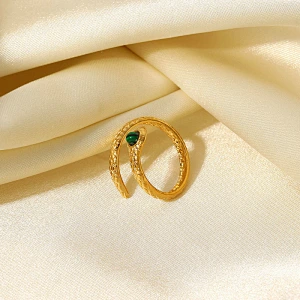 Stainless Steel Snake Ring With Green Stone