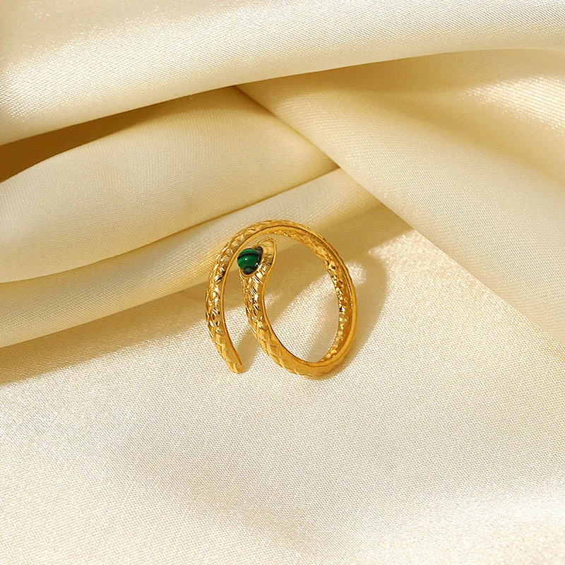 Stainless Steel Snake Ring With Green Stone