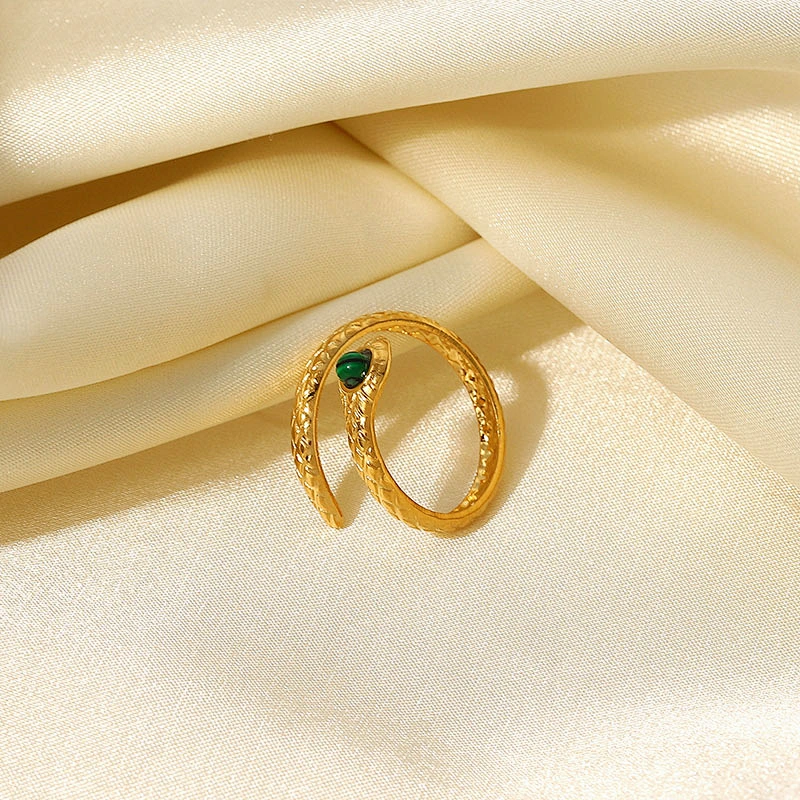 Stainless Steel Snake Ring With Green Stone