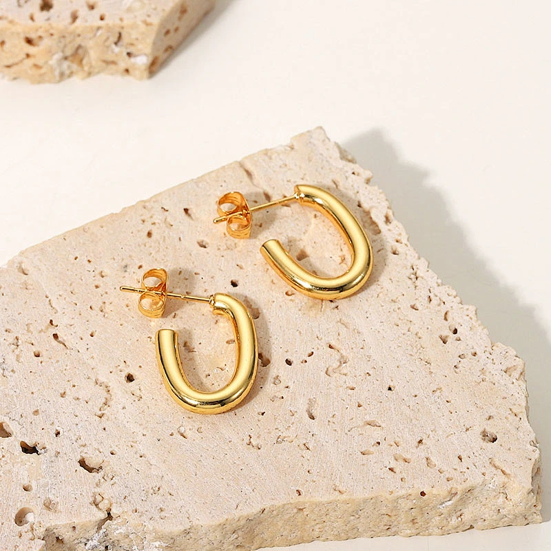 18K Gold Plated Steel Earrings Basic Hoop Stud Earrings