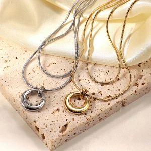 18K Gold Rhodium Plated Circle Pendant Multilayer Necklace