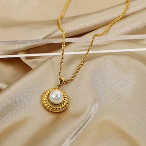 Twisted Chain Pearl Pendant Necklace 18K Gold Plated