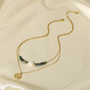 Natural Stone Pearl Pendant Layered Steel Necklace