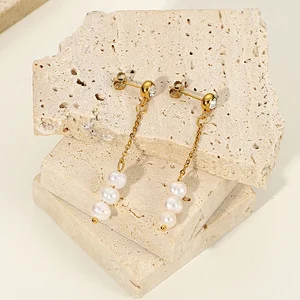 Gold Plated Earrings With Fresh Water Pearl Pendant