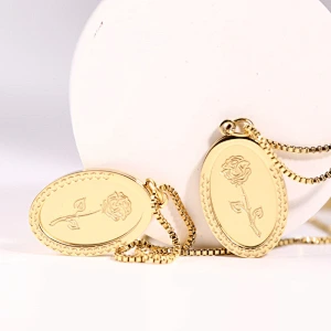 Carving Rose Flower Oval Pendant Necklace