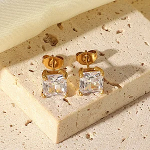 Simple 18K Green Square Zircon Stud Earrings for Women
