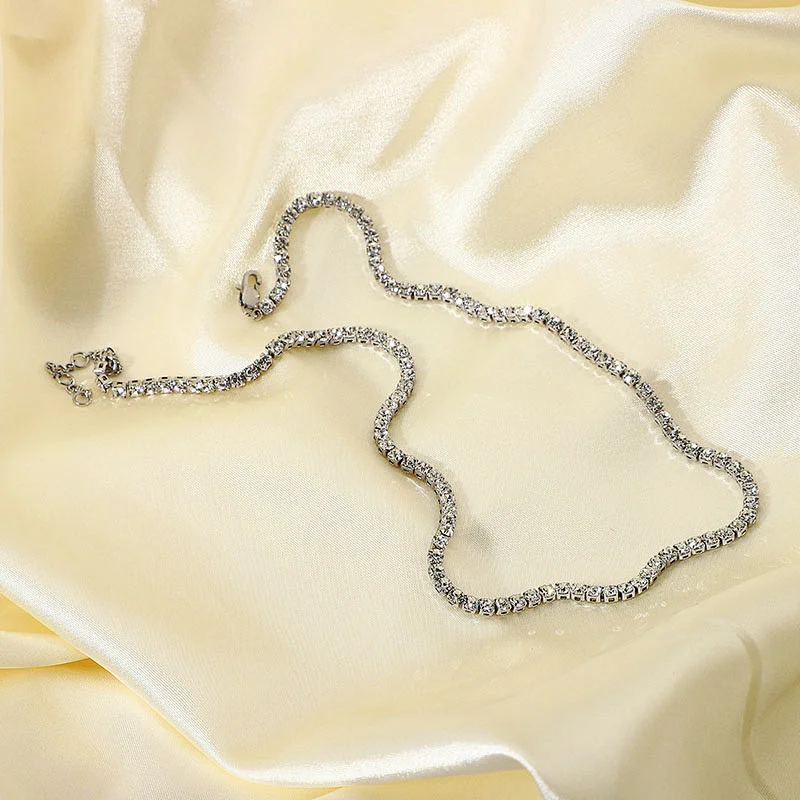 Rhodium Plated Zircon Steel Chain Necklace For Ladies