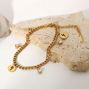 Pvd Gold Plating Lightning Pendant Steel Curb Chain Bracelet