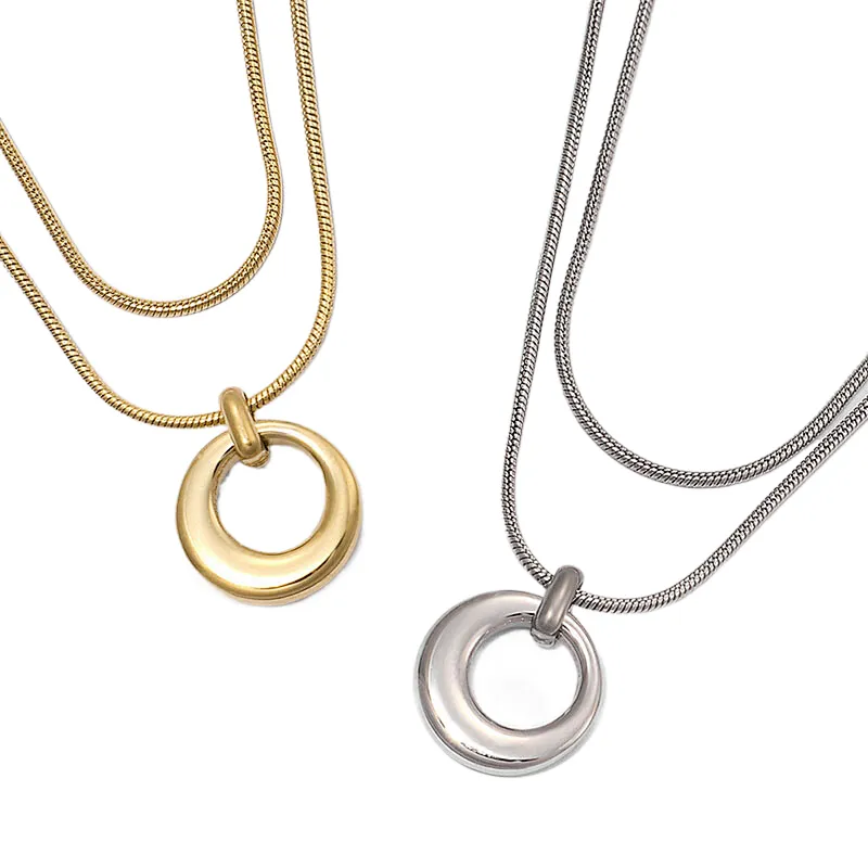 18K Gold Rhodium Plated Circle Pendant Multilayer Necklace