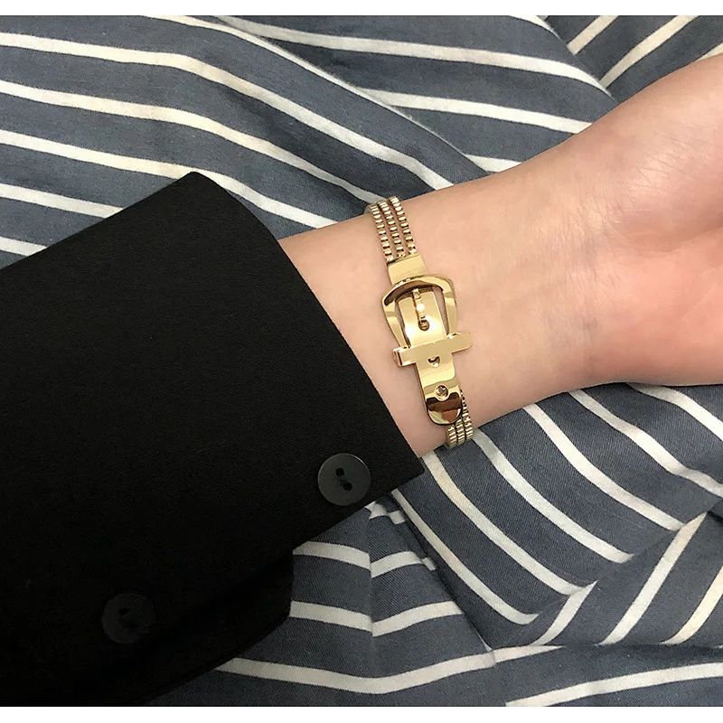 Hip Hop Style Belt Buckle Three Layer Chain Bracelet