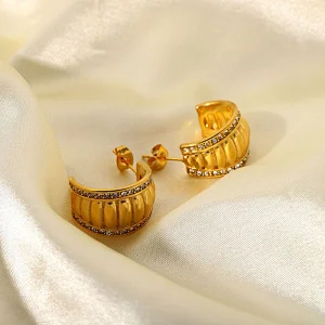 Stainless Steel Rhinestone Half Round Shape Earrings