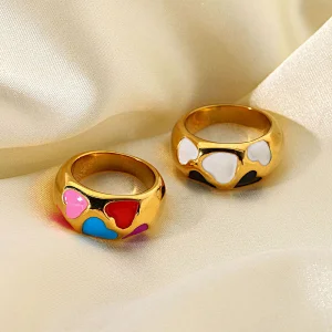 Gold Plated Heart Enamel Ring Stainless Steel Color Ring Women
