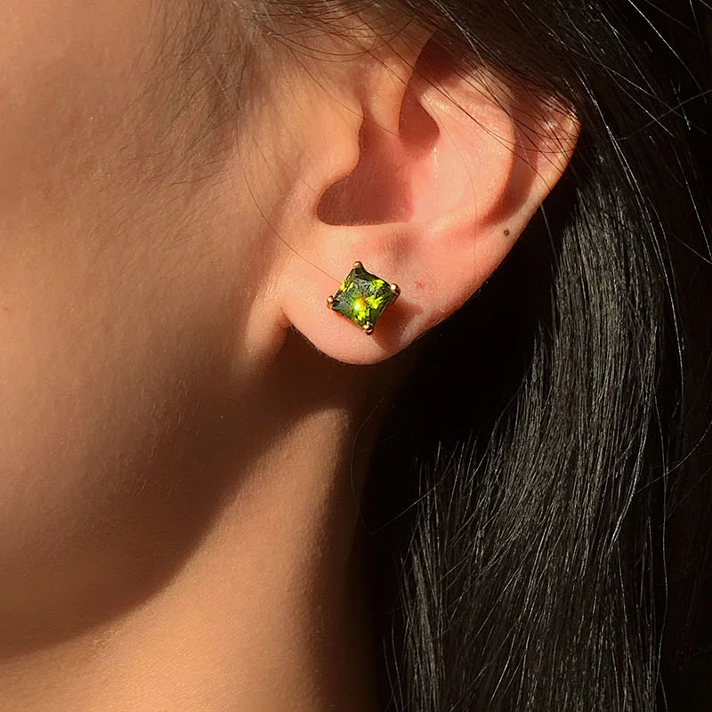 Simple 18K Green Square Zircon Stud Earrings for Women