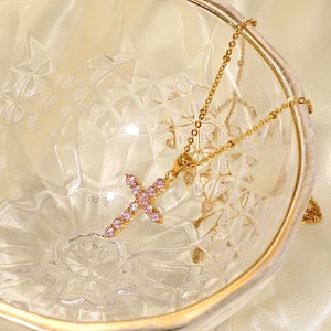 Popular Steel Pink Zircon Cross Pendant Necklace Women