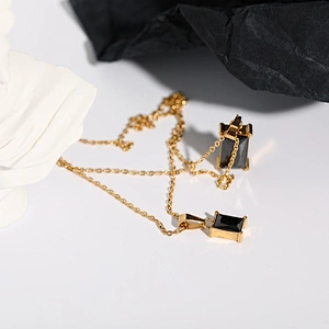 Double Layered Rectangle Jet Diamond Charm Necklace Wholesale
