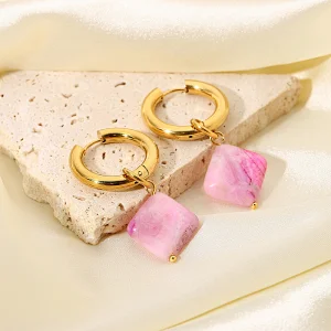 Pink Steel Natural Stone Drop Earrings for Women