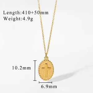 14K Gold Oval Pendant Necklace Engraved Cross Necklace