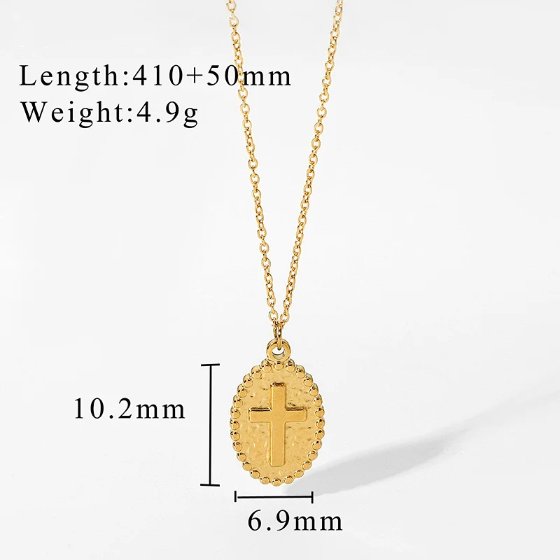 14K Gold Oval Pendant Necklace Engraved Cross Necklace
