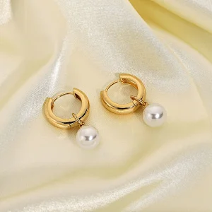 Pearl Dangle 18K Gold Plated Hoop Earrings Wholesale