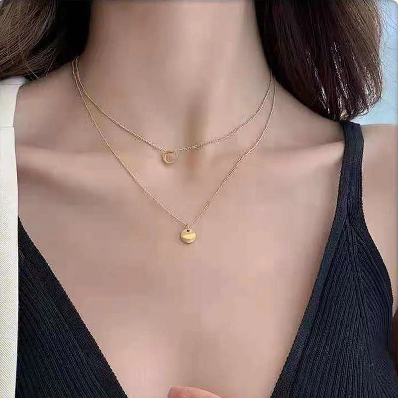 Simple Gold Double Necklace Steel Hollow Pendant Necklace