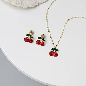 Stainless Steel Crystal Cherry Earrings And Necklace Set