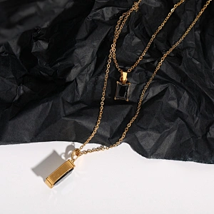 Double Layered Rectangle Jet Diamond Charm Necklace Wholesale