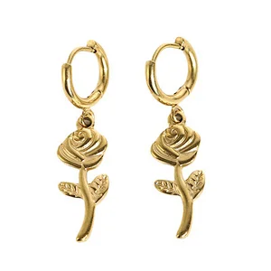 Fashion Gold Rose Flower Drop Earrings Small Hoop Earrings