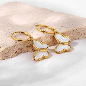 18K Gold Natural Shell Butterfly Pendant Earrings For Women