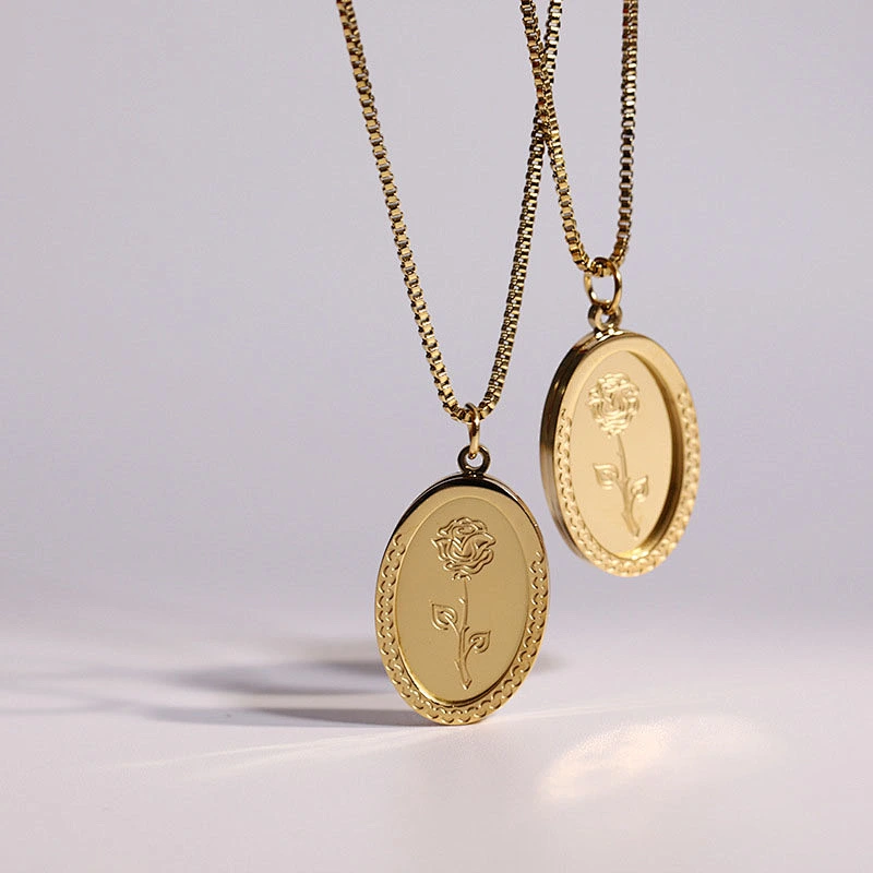 Carving Rose Flower Oval Pendant Necklace