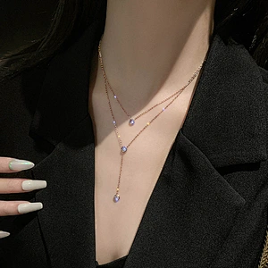 Rose Gold Plated Layered Crystal Drop Necklace