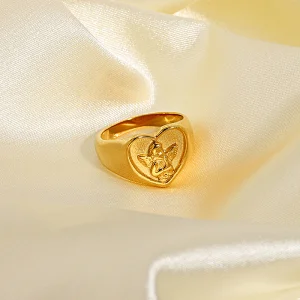 Vintage Steel Ring 18k Gold Plated Engraved Women's Ring