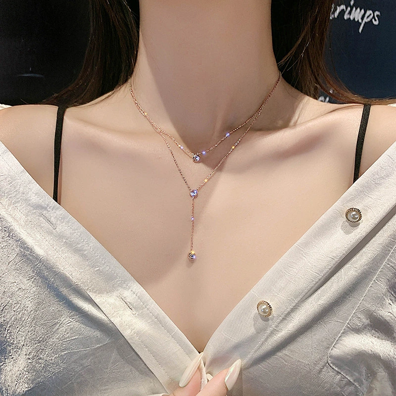 Rose Gold Plated Layered Crystal Drop Necklace