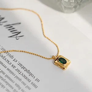 Square Green Crystal Pendant Stainless Steel Necklace Factory