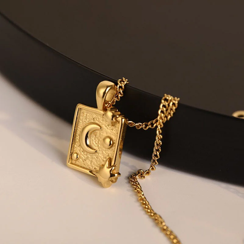 3D Moon Star Rectangle Stainless Steel Pendant Necklace