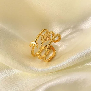 Three-Tier Star And Moon 18K Gold Plated Steel Ring