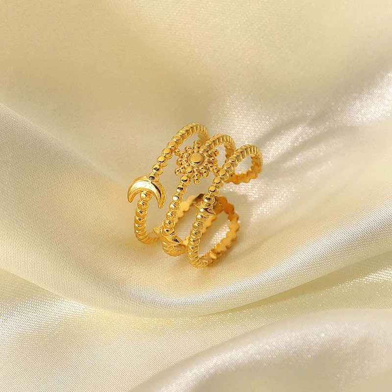 Three-Tier Star And Moon 18K Gold Plated Steel Ring