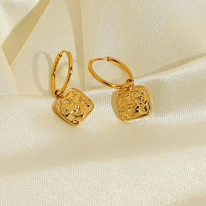 18K Gold Plated Earrings Rectangular Embossed Drop Earrings