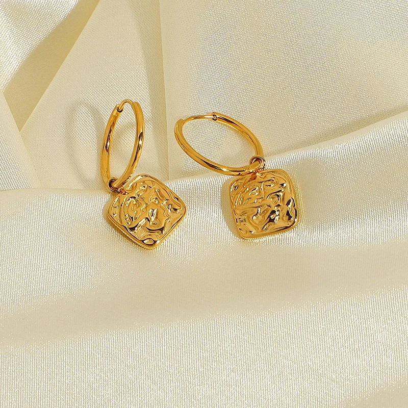 18K Gold Plated Earrings Rectangular Embossed Drop Earrings