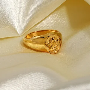 Vintage Steel Ring 18k Gold Plated Engraved Women's Ring