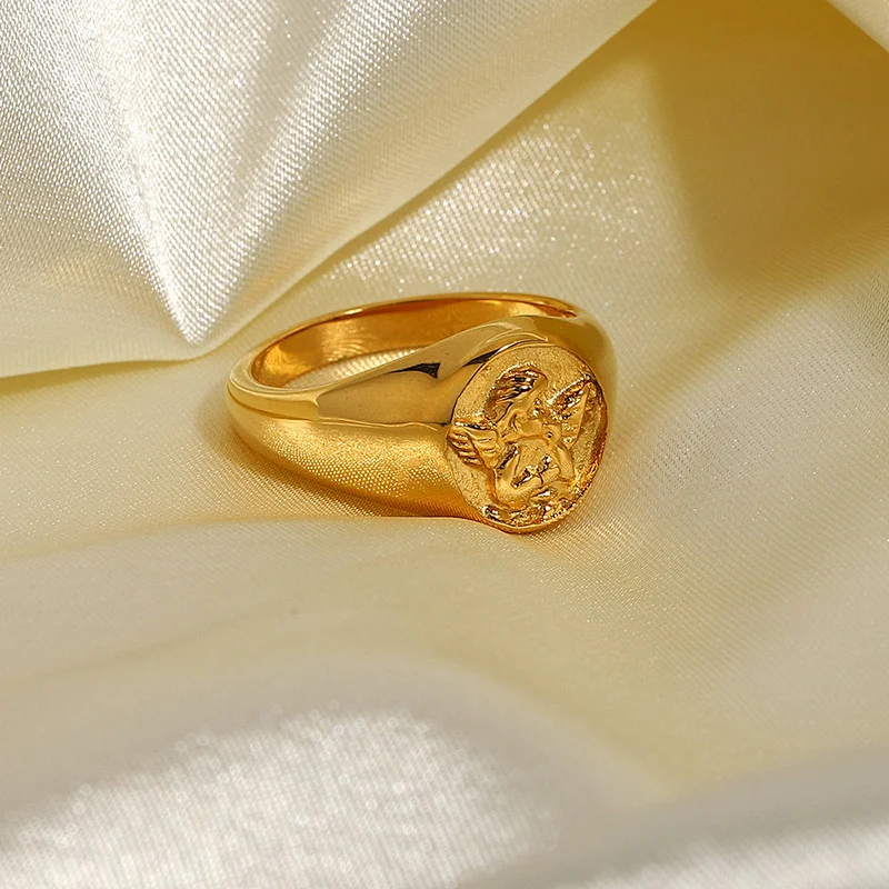 Vintage Steel Ring 18k Gold Plated Engraved Women's Ring