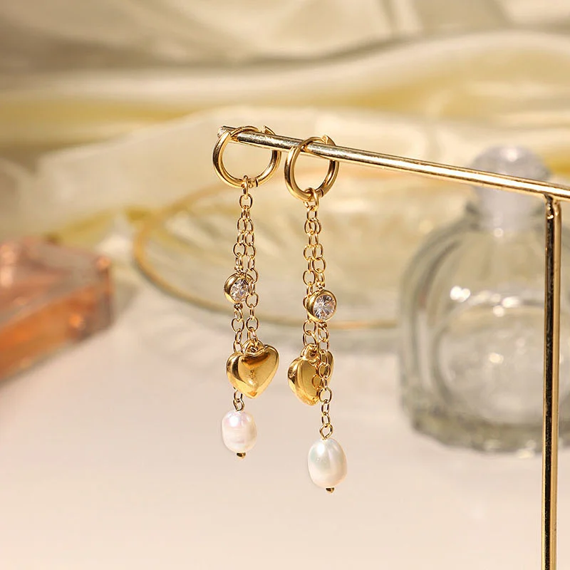 Gold Tassel Heart Freshwater Pearl Zircon Drop Earrings