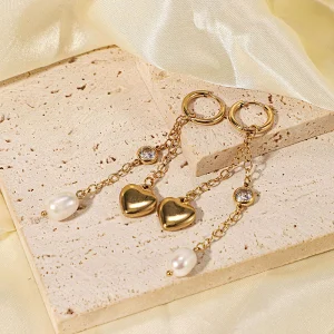 Gold Tassel Heart Freshwater Pearl Zircon Drop Earrings