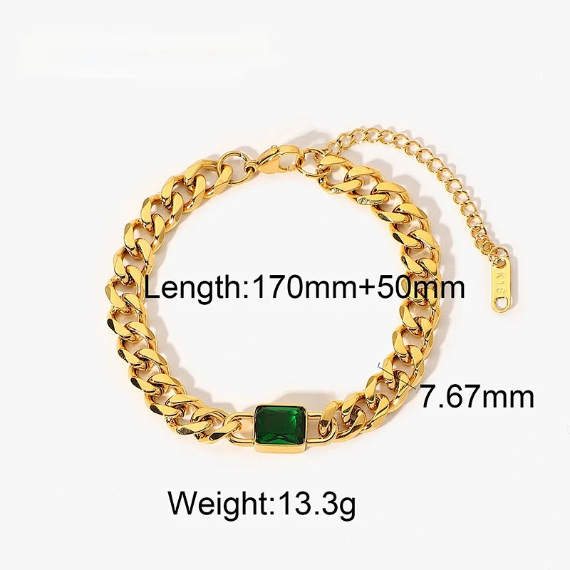 Stainless Steel Emerald Cut Zirconia Cuban Chain Bracelet