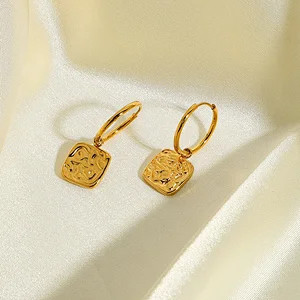 18K Gold Plated Earrings Rectangular Embossed Drop Earrings