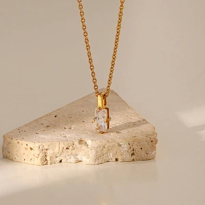 Stainless Steel Rectangular White Zircon Pendant Necklace